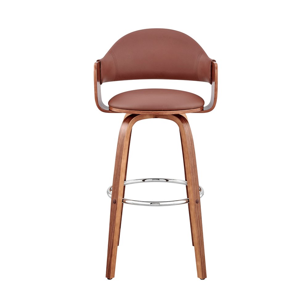 30" Brown Fabric And Wood Low Back Bar Height Swivel Bar Chair
