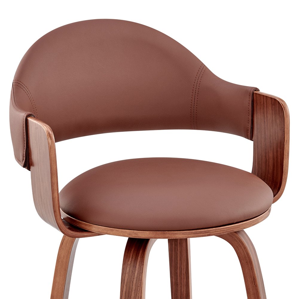 30" Brown Fabric And Wood Low Back Bar Height Swivel Bar Chair