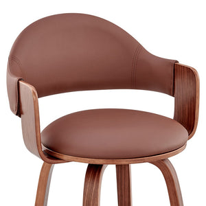 30" Brown Fabric And Wood Low Back Bar Height Swivel Bar Chair