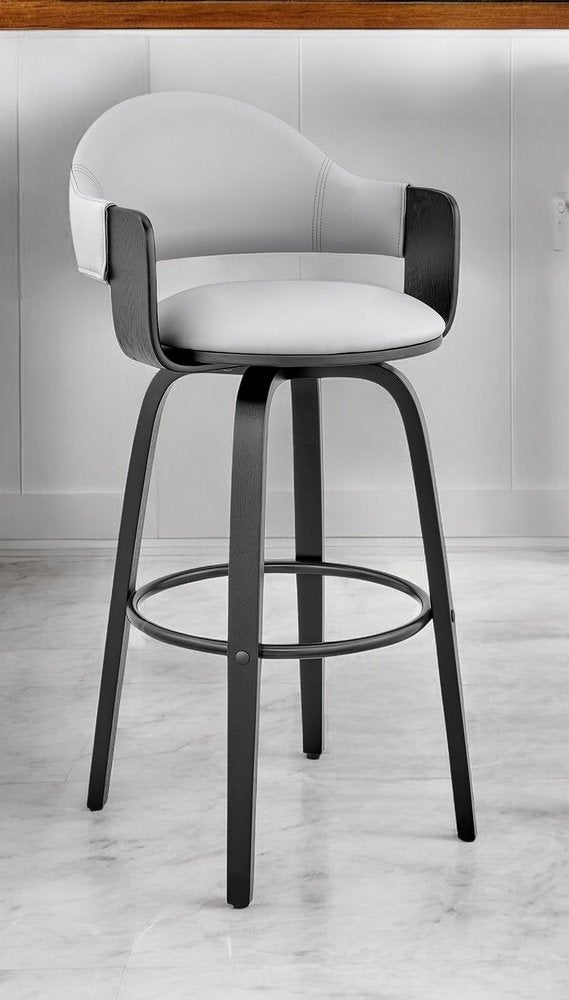 30" Gray and Black Fabric and Iron Low Back Bar Height Swivel Bar Chair