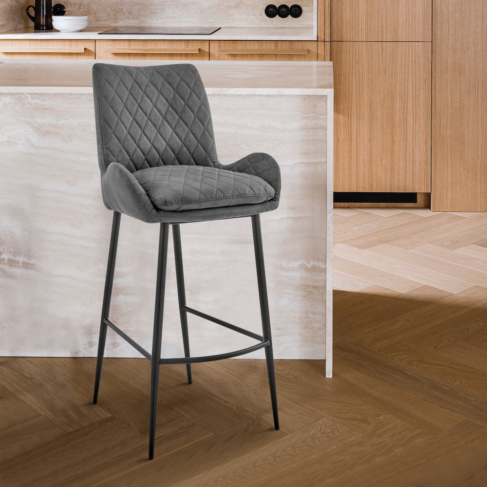 26" Charcoal And Black Fabric And Iron Counter Height Bar Chair