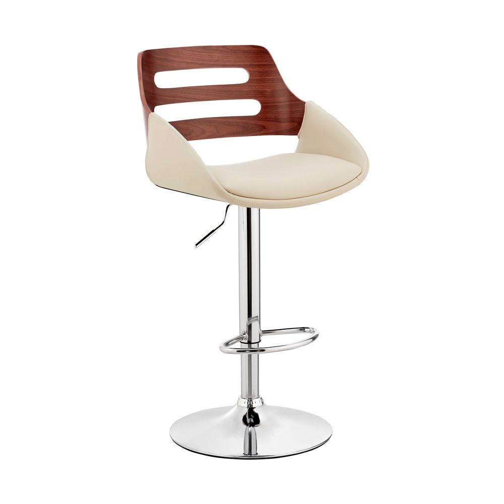 Cream And Silver Fabric And Iron Low Back Adjustable Height Swivel Bar Chair