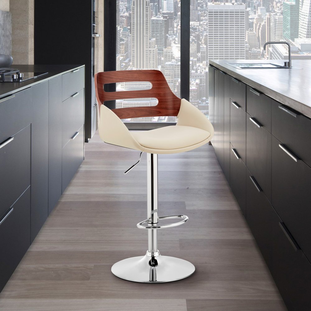 Cream And Silver Fabric And Iron Low Back Adjustable Height Swivel Bar Chair