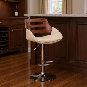 Cream And Silver Fabric And Iron Low Back Adjustable Height Swivel Bar Chair