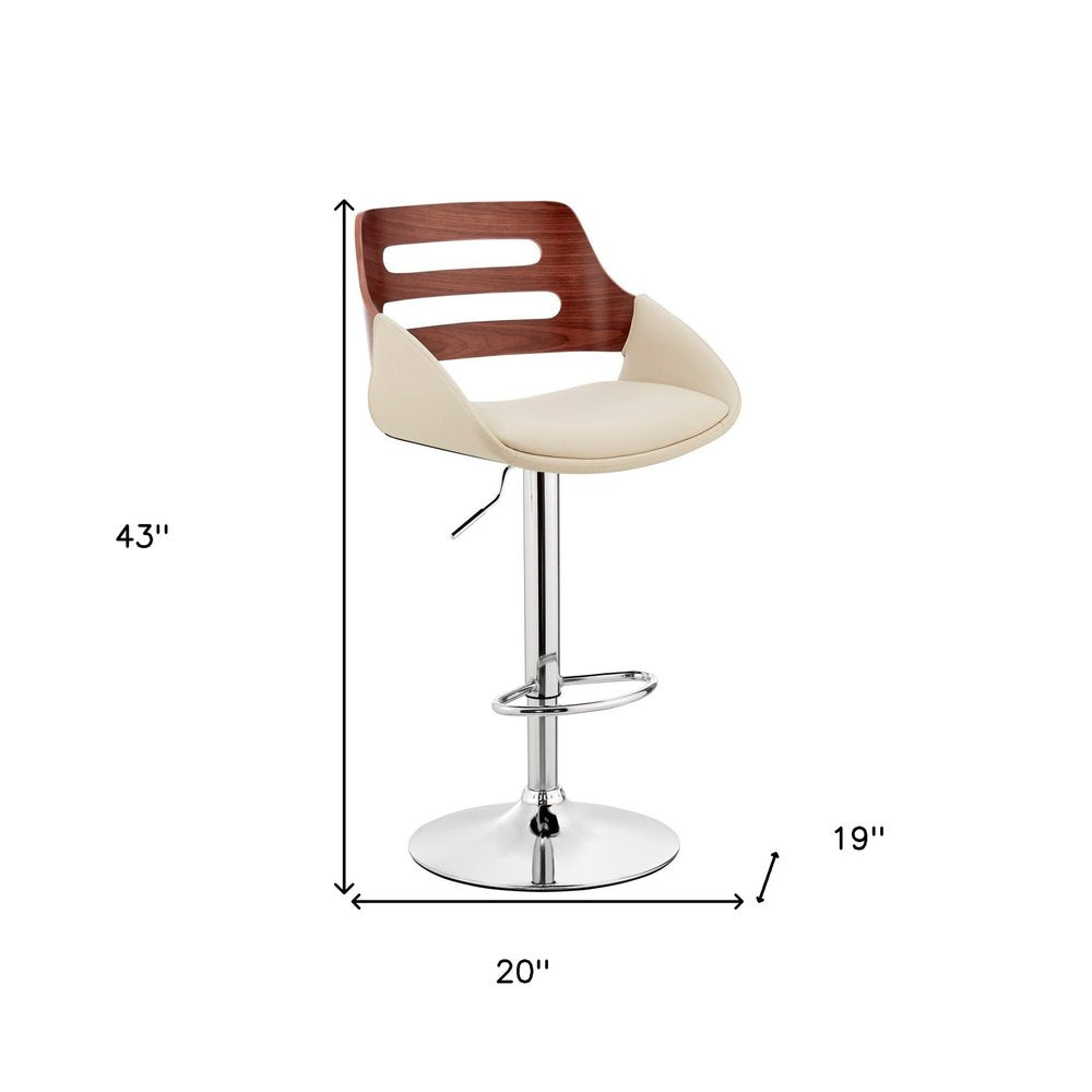 Cream And Silver Fabric And Iron Low Back Adjustable Height Swivel Bar Chair