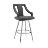25" Gray and Silver Faux Leather and Iron Counter Height Swivel Bar Chair