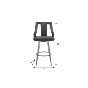 29" Gray And Silver Faux Leather And Iron Swivel Bar Height Bar Chair