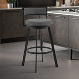 26" Gray And Black Faux Leather And Iron Swivel Low Back Counter Height Bar Chair