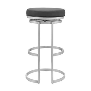 30" Gray And Silver Faux Leather And Fabric And Iron Backless Bar Height Swivel Bar Chair