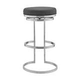 30" Gray And Silver Faux Leather And Iron Swivel Backless Bar Height Bar Chair