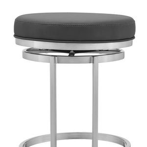 30" Gray And Silver Faux Leather And Fabric And Iron Backless Bar Height Swivel Bar Chair