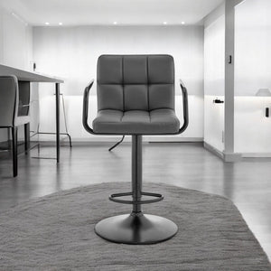 25" Gray And Black Faux Leather And Iron Swivel Low Back Adjustable Height Bar Chair