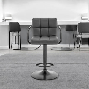 25" Gray And Black Faux Leather And Iron Swivel Low Back Adjustable Height Bar Chair