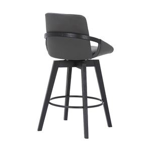 27" Gray And Black Faux Leather And Wood Low Back Bar Height Swivel Bar Chair
