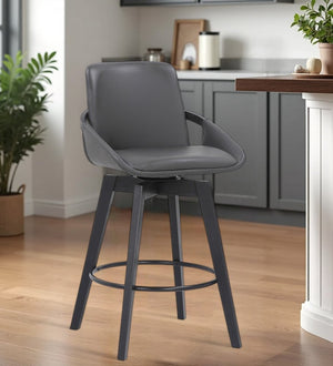 27" Gray and Black Faux Leather Low Back Bar Height Swivel Bar Chair