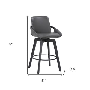 27" Gray And Black Faux Leather And Wood Low Back Bar Height Swivel Bar Chair