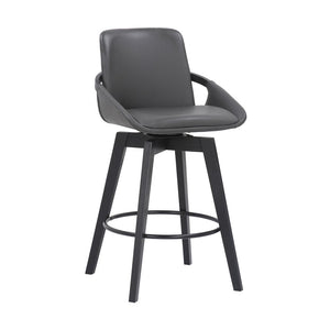 27" Gray And Black Faux Leather And Wood Low Back Bar Height Swivel Bar Chair