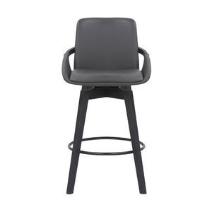 27" Gray And Black Faux Leather And Wood Low Back Bar Height Swivel Bar Chair