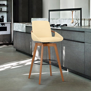 31" Cream and Black Fabric and Iron Bar Height Swivel Bar Chair