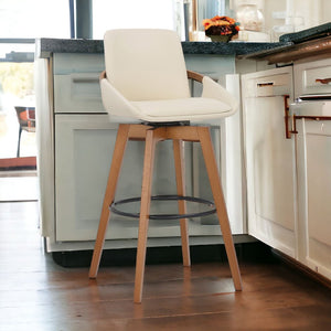 31" Cream and Black Fabric and Iron Bar Height Swivel Bar Chair