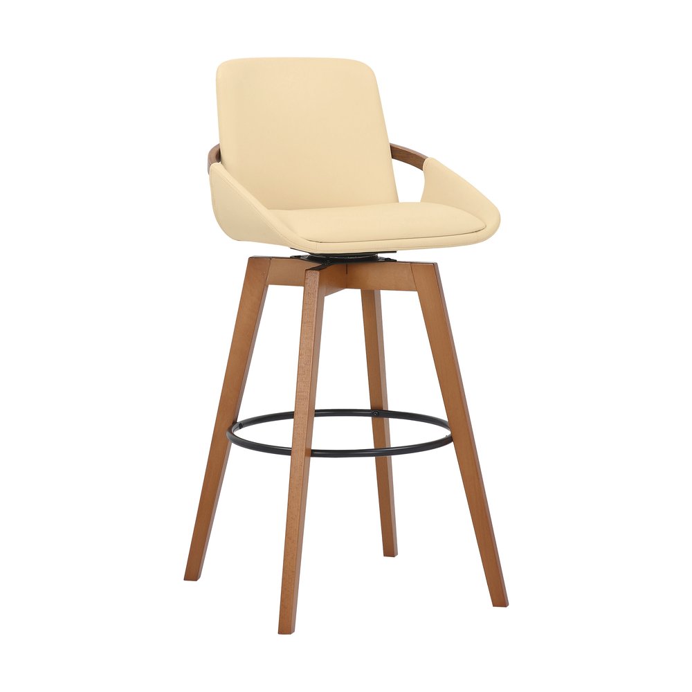31" Cream and Black Fabric and Iron Bar Height Swivel Bar Chair