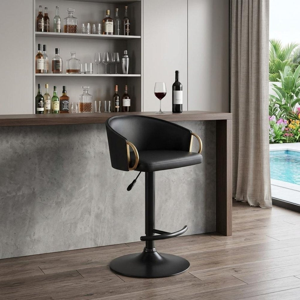 Black Iron Faux Leather and Fabric Low Back Adjustable Height Swivel Bar Chair