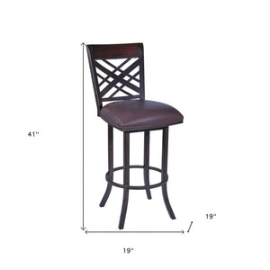 26" Brown Faux Leather And Fabric And Iron Counter Height Bar Chair