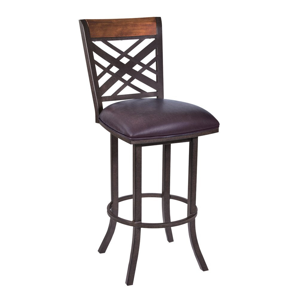 26" Brown Faux Leather And Fabric And Iron Counter Height Bar Chair