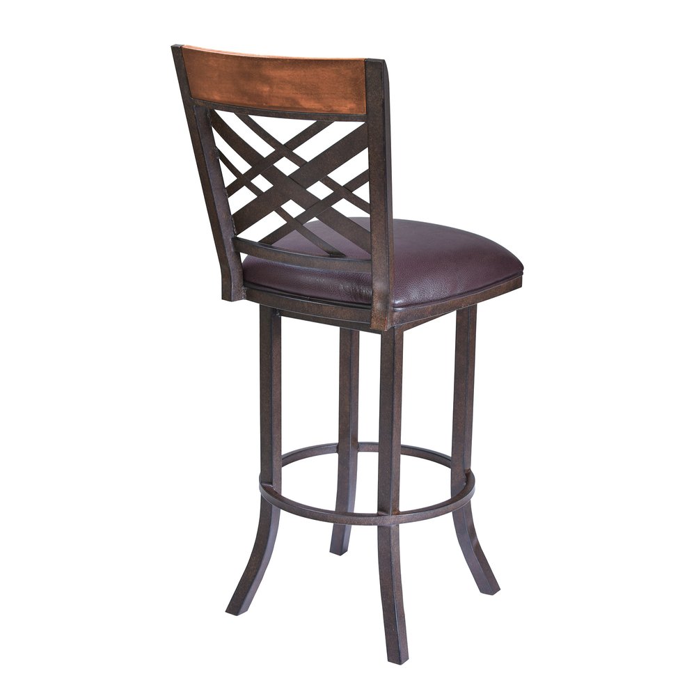 26" Brown Faux Leather And Fabric And Iron Counter Height Bar Chair