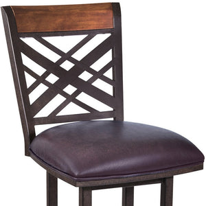 30" Brown Faux Leather And Fabric And Iron Bar Height Bar Chair