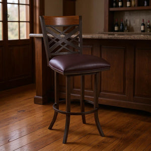 30" Brown Faux Leather And Iron Bar Height Bar Chair