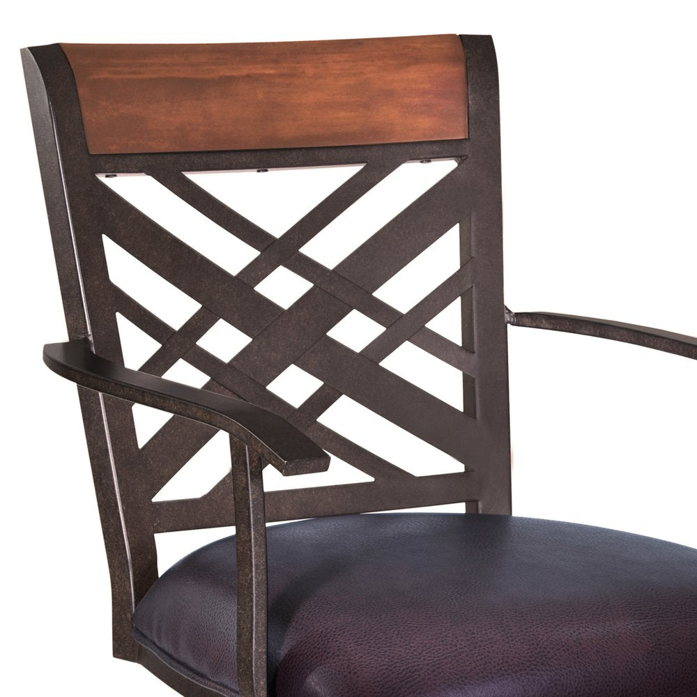 30" Brown Faux Leather And Fabric And Iron Bar Height Bar Chair