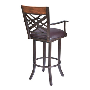 30" Brown Faux Leather And Fabric And Iron Bar Height Bar Chair