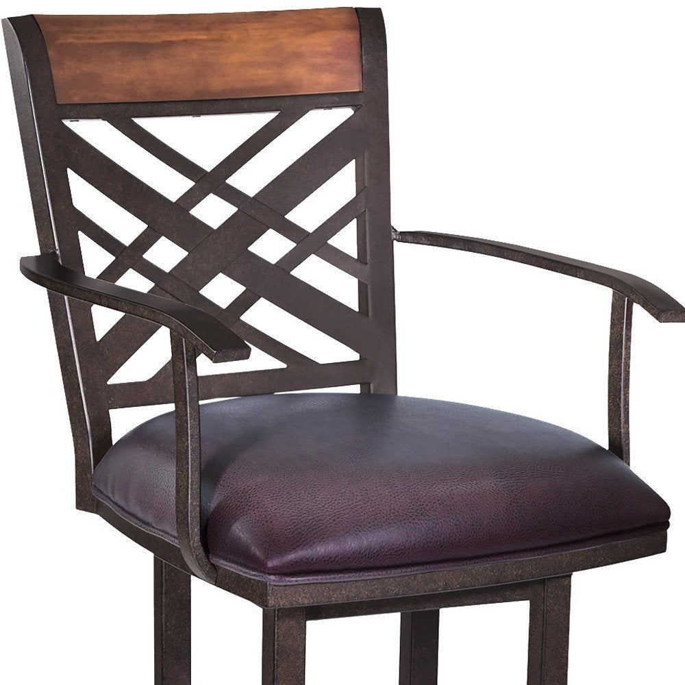 30" Brown Faux Leather And Fabric And Iron Bar Height Bar Chair