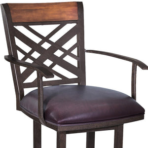 30" Brown Faux Leather And Fabric And Iron Bar Height Bar Chair