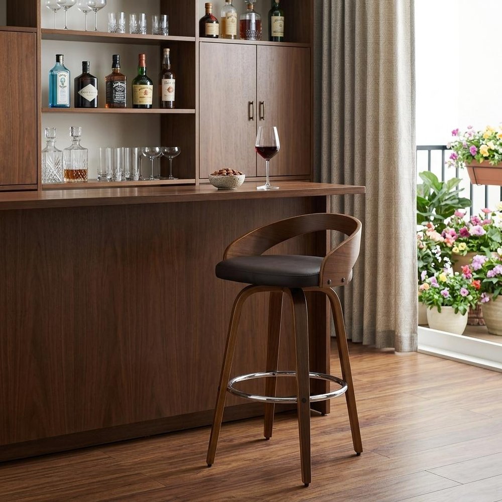 30" Brown Faux Leather and Solid Wood Low Back Bar Height Swivel Bar Chair