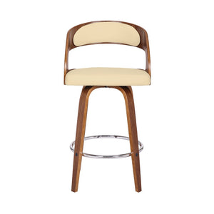 26" Cream And Brown Faux Leather And Fabric And Iron Low Back Counter Height Swivel Bar Chair