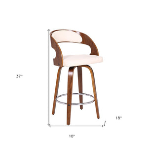 26" Cream And Brown Faux Leather And Fabric And Iron Low Back Counter Height Swivel Bar Chair