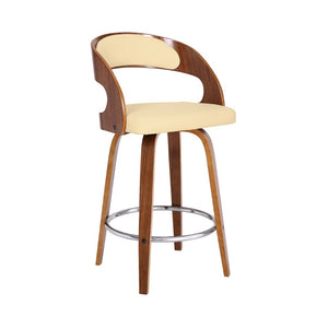 26" Cream And Brown Faux Leather And Fabric And Iron Low Back Counter Height Swivel Bar Chair