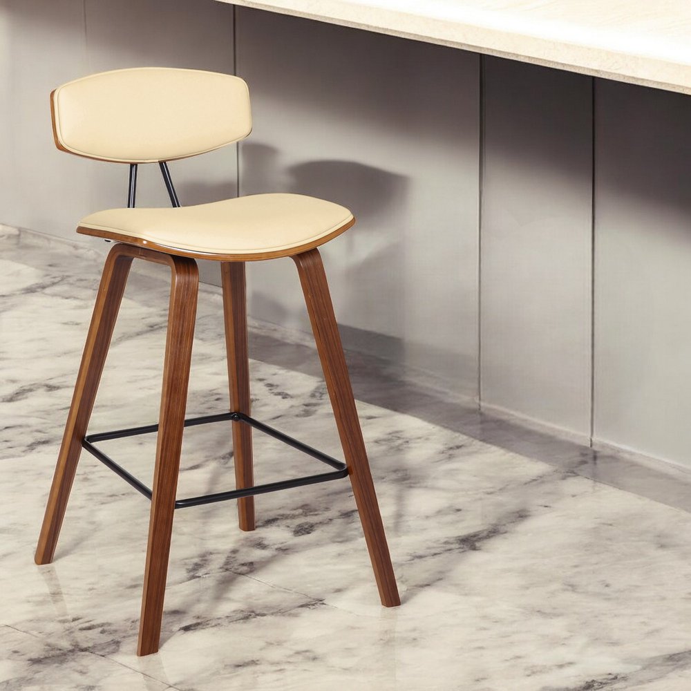 26" Cream and Brown Fabric and Iron Low Back Counter Height Bar Chair