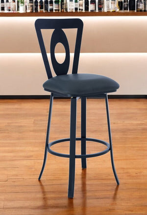 30" Gray and Black Faux Leather and Iron Bar Height Swivel Bar Chair