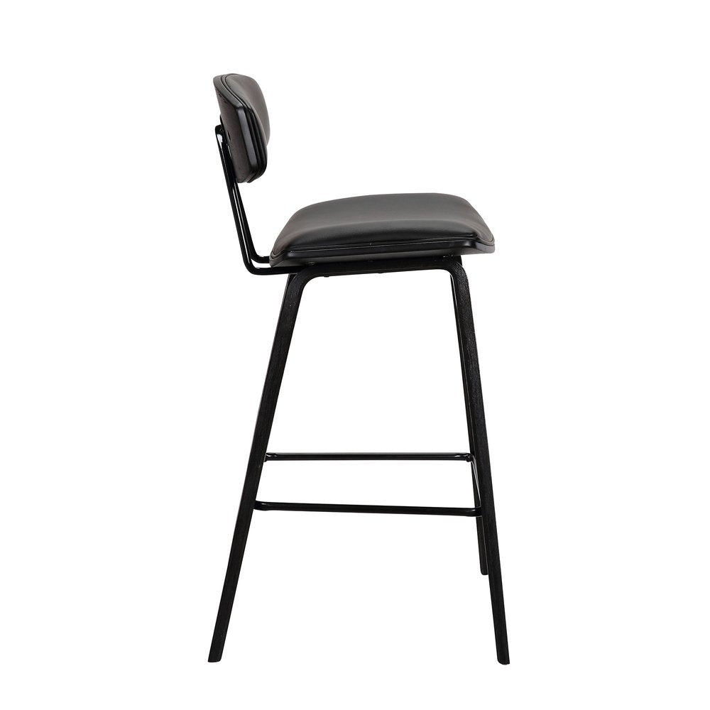 29" Black Faux Leather And Iron Low Back Bar Height Bar Chair