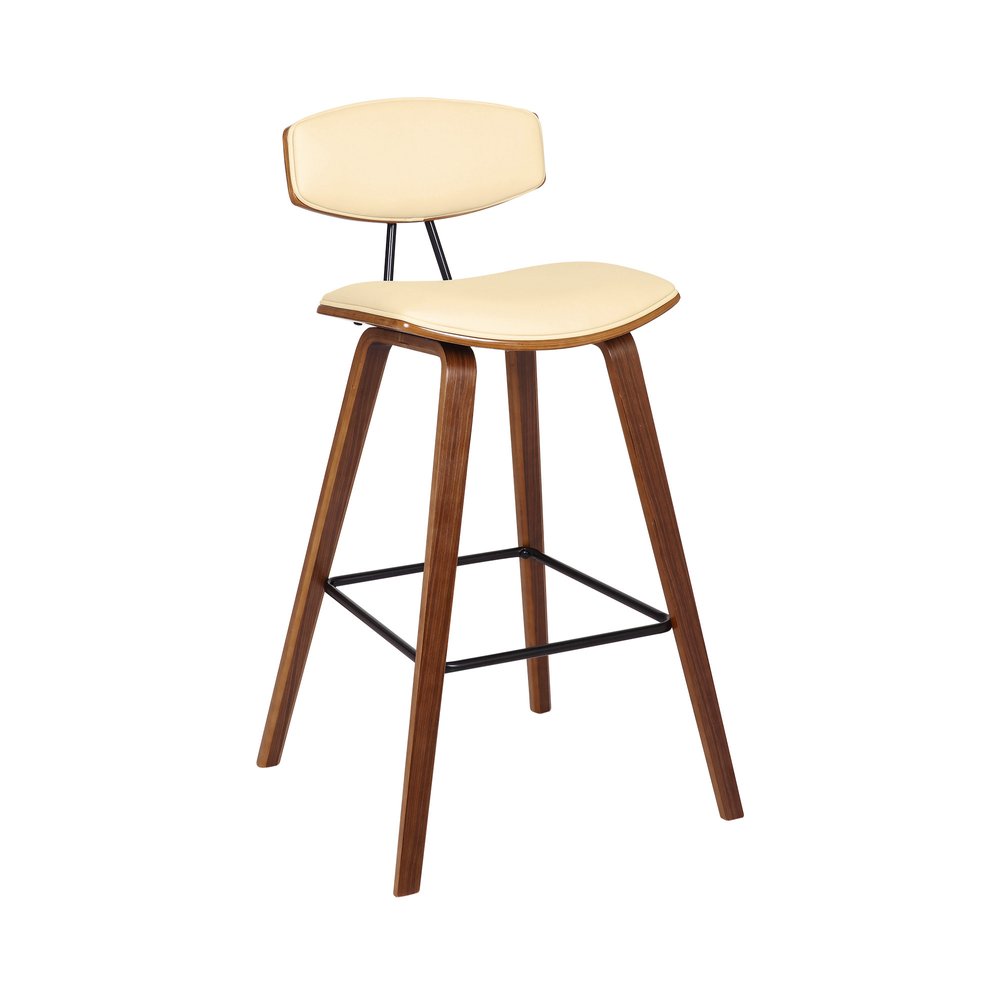 29" Cream And Brown Faux Leather And Iron Low Back Bar Height Bar Chair