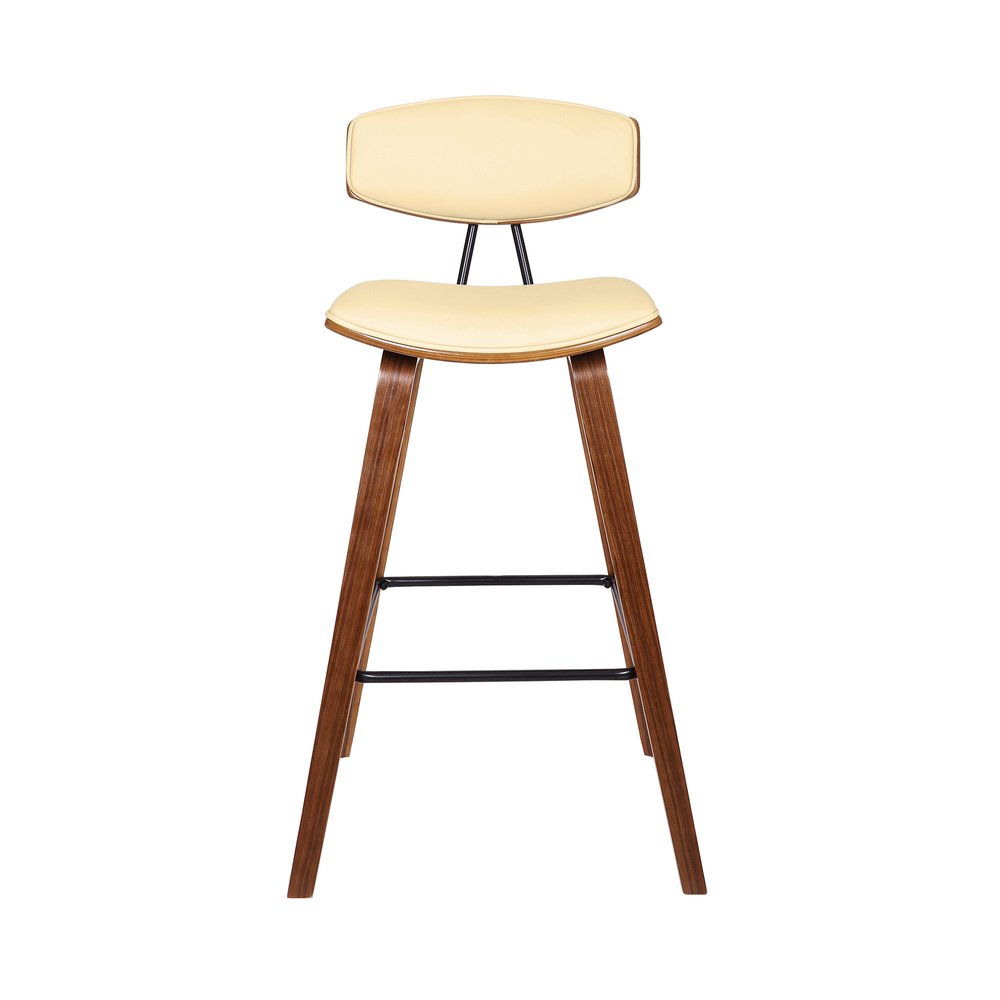 29" Cream And Brown Faux Leather And Iron Low Back Bar Height Bar Chair