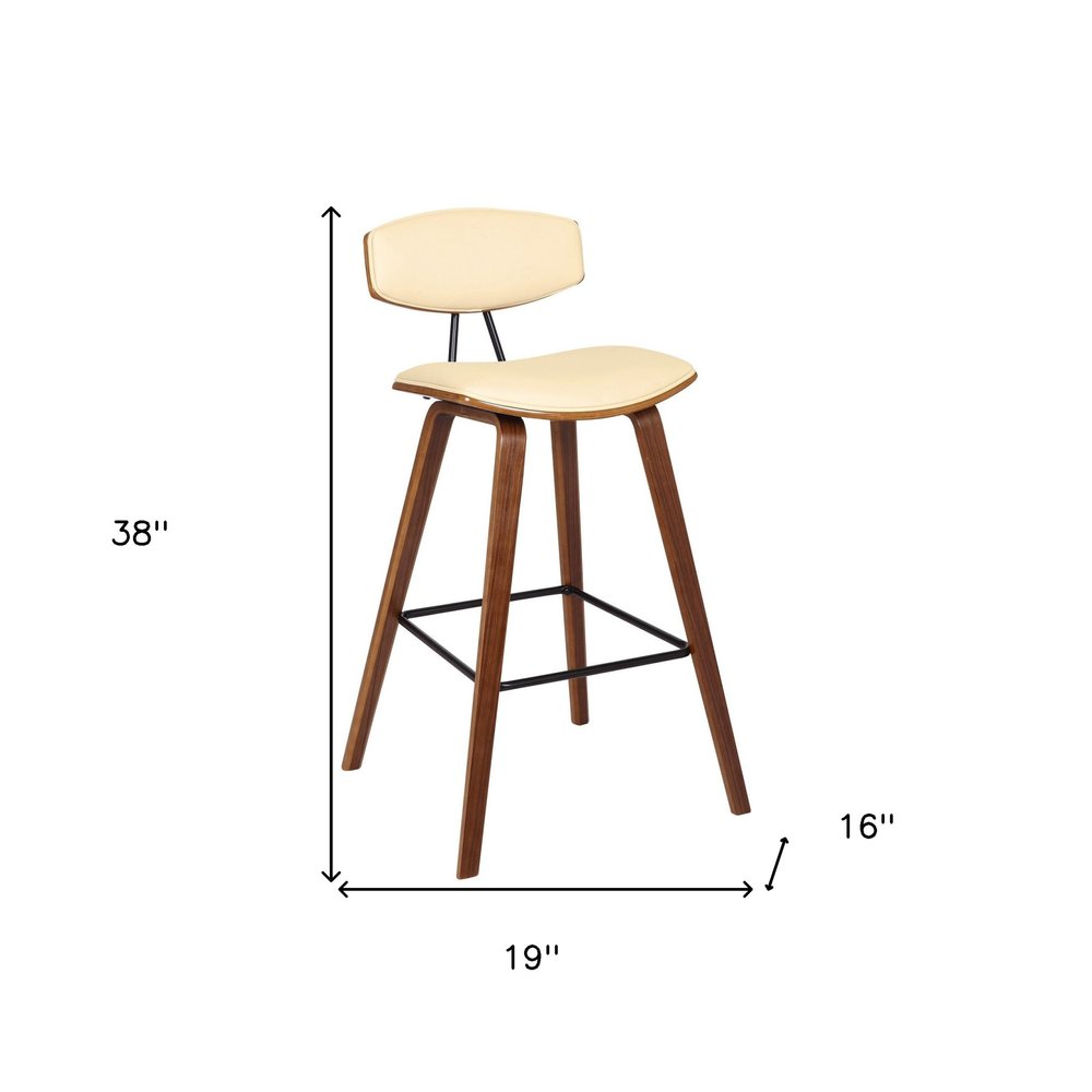 29" Cream And Brown Faux Leather And Iron Low Back Bar Height Bar Chair