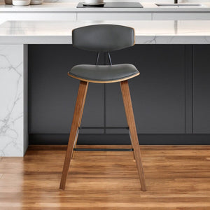 29" Gray and Brown Faux Leather and Iron Low Back Bar Height Bar Chair