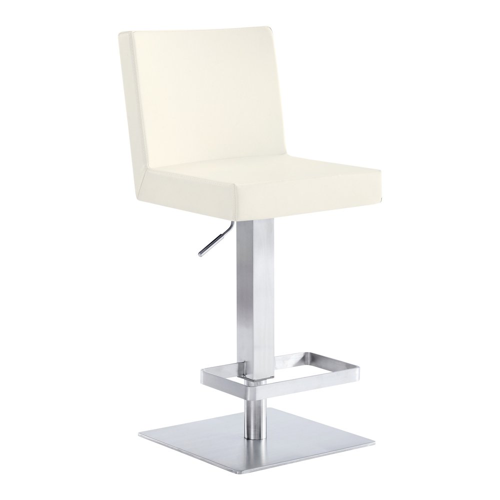 White and Silver Faux Leather and Iron Adjustable Height Swivel Bar Chair