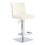 White and Silver Faux Leather and Iron Adjustable Height Swivel Bar Chair
