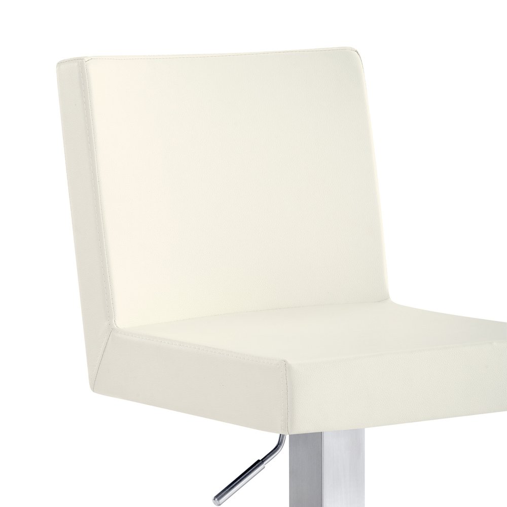 White and Silver Faux Leather and Iron Adjustable Height Swivel Bar Chair