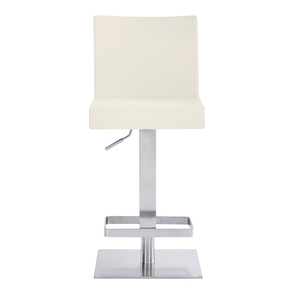 White and Silver Faux Leather and Iron Adjustable Height Swivel Bar Chair